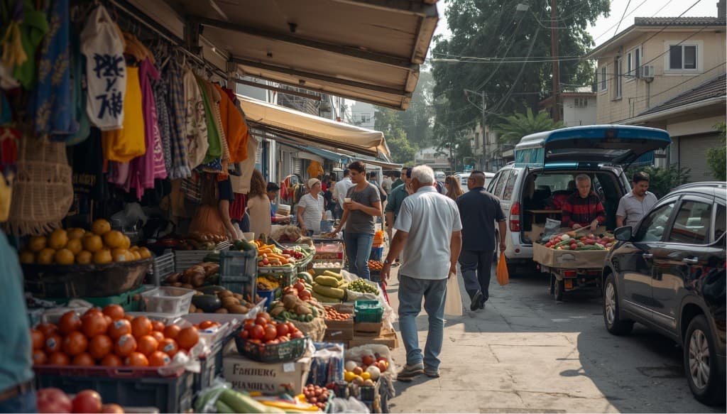 Busy farmers market with fresh produce and shoppers