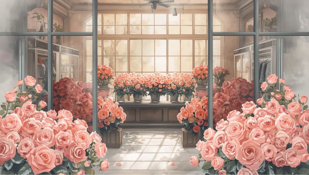 Flower shop with beautiful pink roses